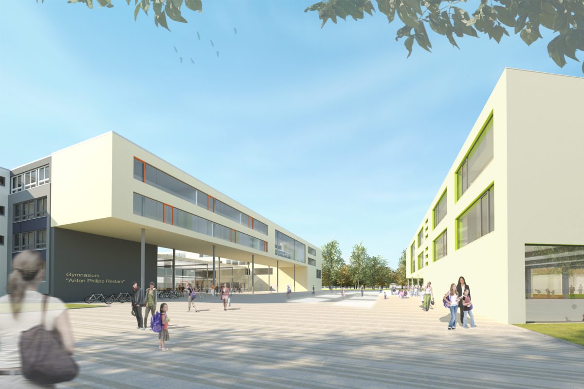 Wettbewerb Grundschule und Gymnasium, Leipzig heizhaus Visualisierung Außenraum