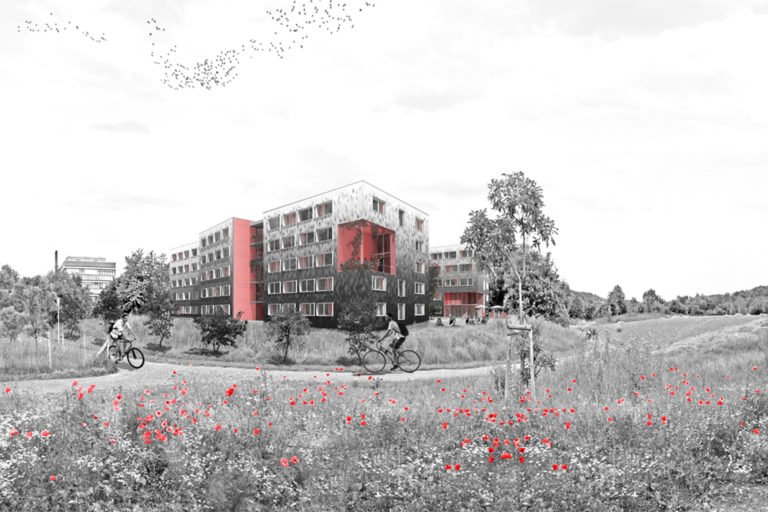 Wettbewerb Studentenwohnheim, Göttingen heizhaus Visualisierung Außenansicht