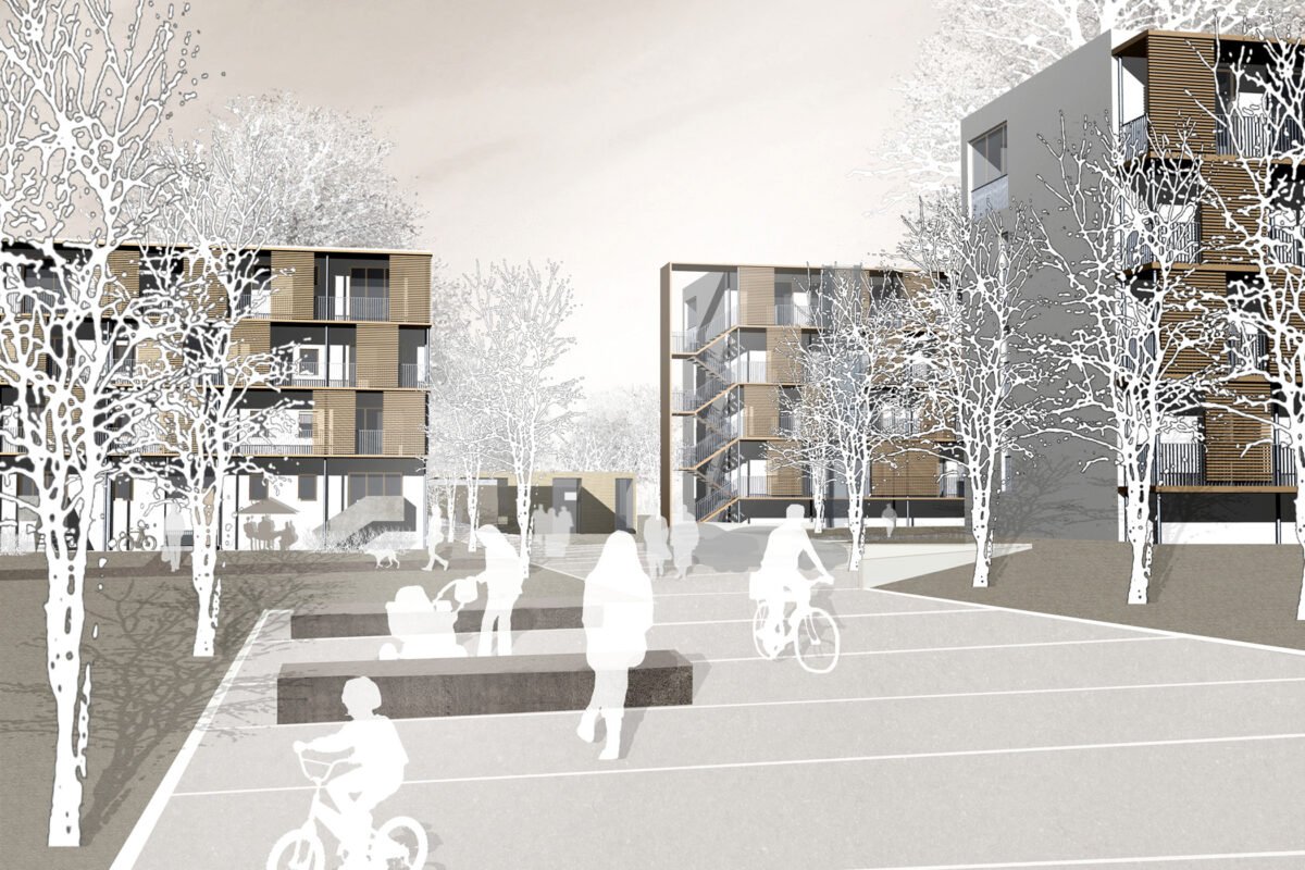 Die Visualisierung zumWettbwewerb stellt die räumliche Qualität der neuen Mitte der Wohnsiedlung dar.